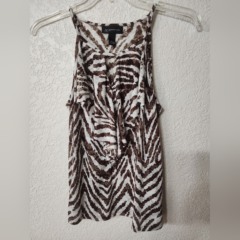 INC INTERNATIONAL CONCEPTS Brown Creme Zebra Animal Spaghetti Top Large Petite